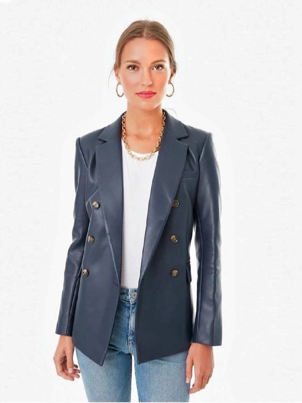 Tuckernuck James Faux Leather Midnight Navy Double-Breasted Blazer Blue Sz Med